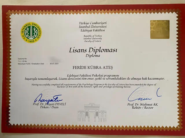 İstanbul Üniversitesi Psikoloji lisans diploması