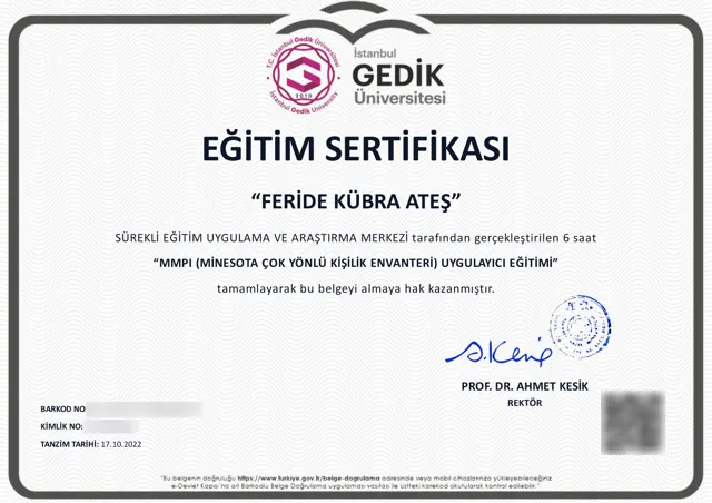 MMPI uygulayıcı eğitimi sertifikası